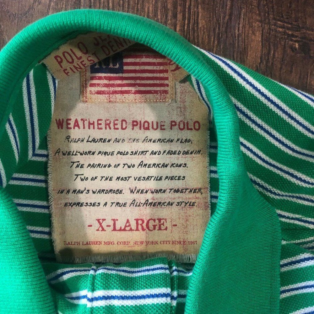 Vintage 90s Ralph Lauren Polo Jeans Mens XL USA Flag Weathered Pique Shirt Green - Picture 4 of 12